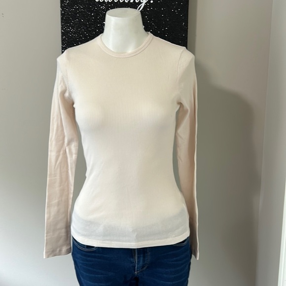 MONROW Top Rib Tee Bone Color Long Sleeve Shirt Stretch Sz M NEW - Picture 4 of 12